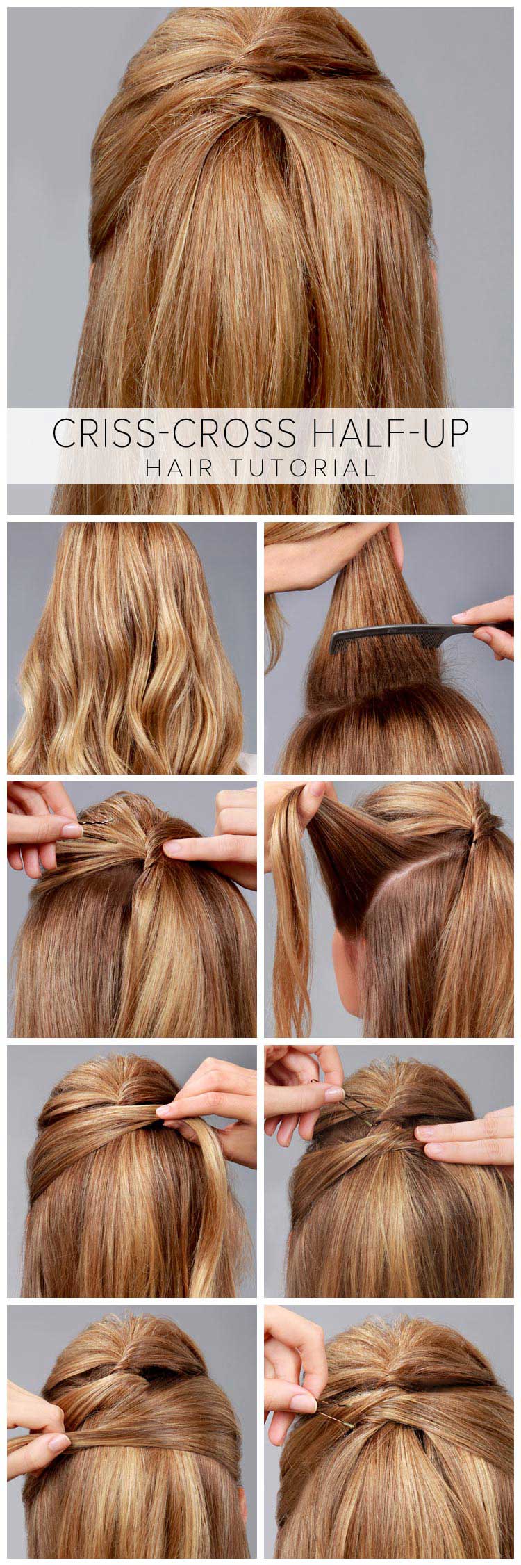 مدل مو ضربدری در بالای سر جلوی موی خود را پوش دهید و آن را بچرخانید و با سنجاق سر محکم کنید. از بالای گوش چپ یک دسته انتخاب کنید و به سمت بالا و راست بکشید و ب سنجاق به قسمت قبلی وصل کنید. همین کار را با سمت راست انجام دهید و زیر سمت چپی وصل کنید.